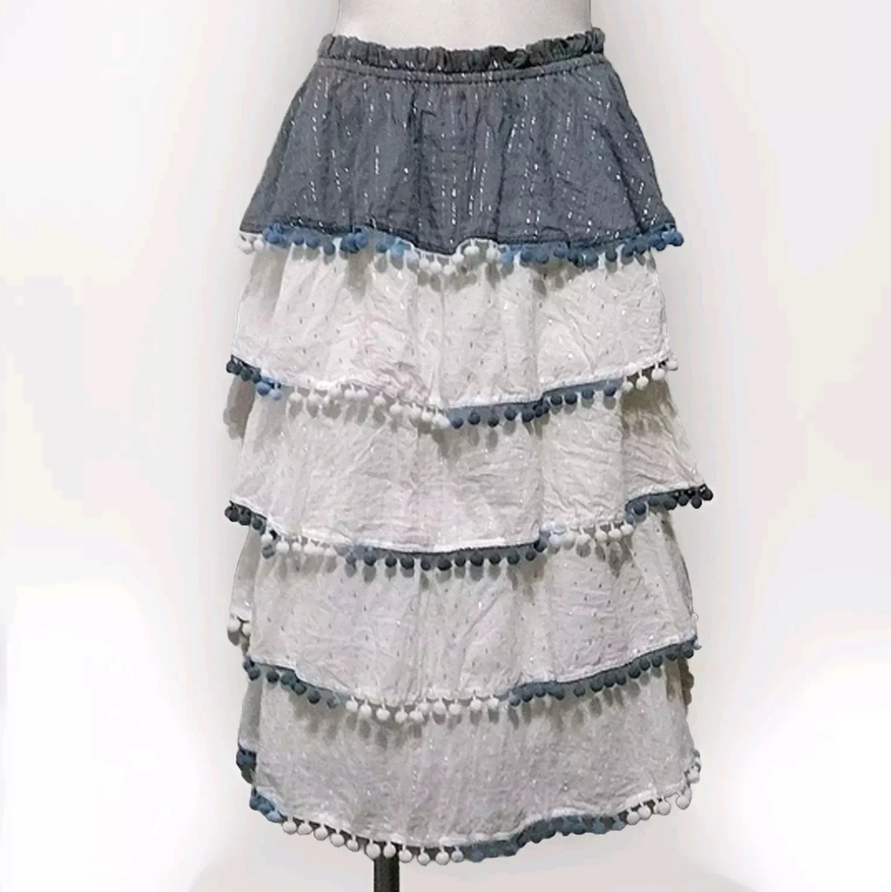 America & Beyond Pompom Tiered Bohemian Midi Skirt Medium Shimmery Boho Western